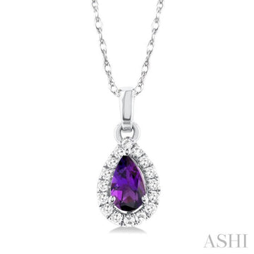 5x3 MM Pear Shape Amethyst and 1/20 Ctw Single Cut Diamond Halo Semi-Precious Pendant with Chain in 14K White Gold